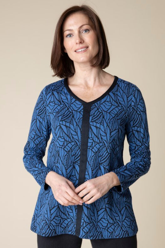 Cobalt Leaf Print Contrast Trim Tunic