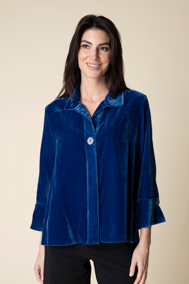 Blue Button Front Velvet Top