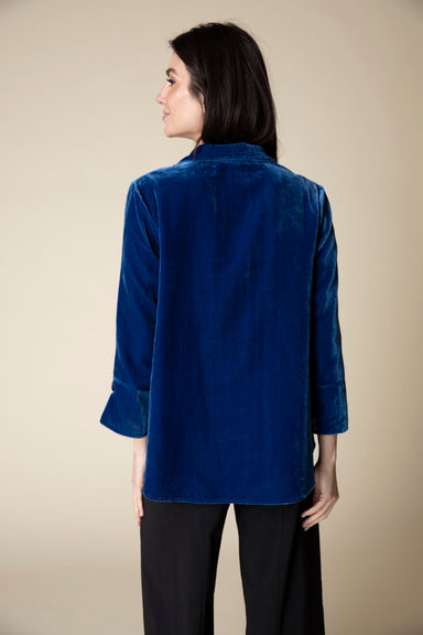 Blue Button Front Velvet Top