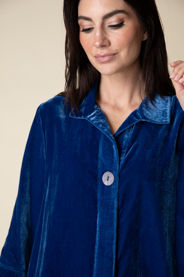 Blue Button Front Velvet Top