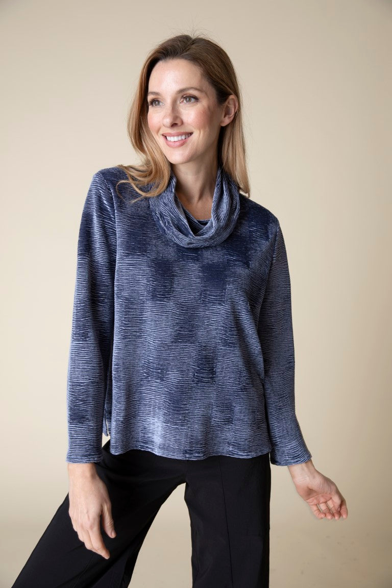 Navy Crinkle Velvet Cowl Neck Top