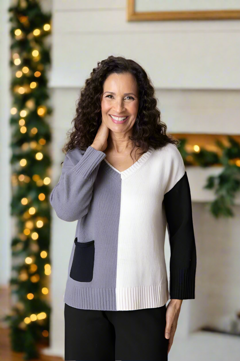 Black & White Colorblock V-Neck Sweater