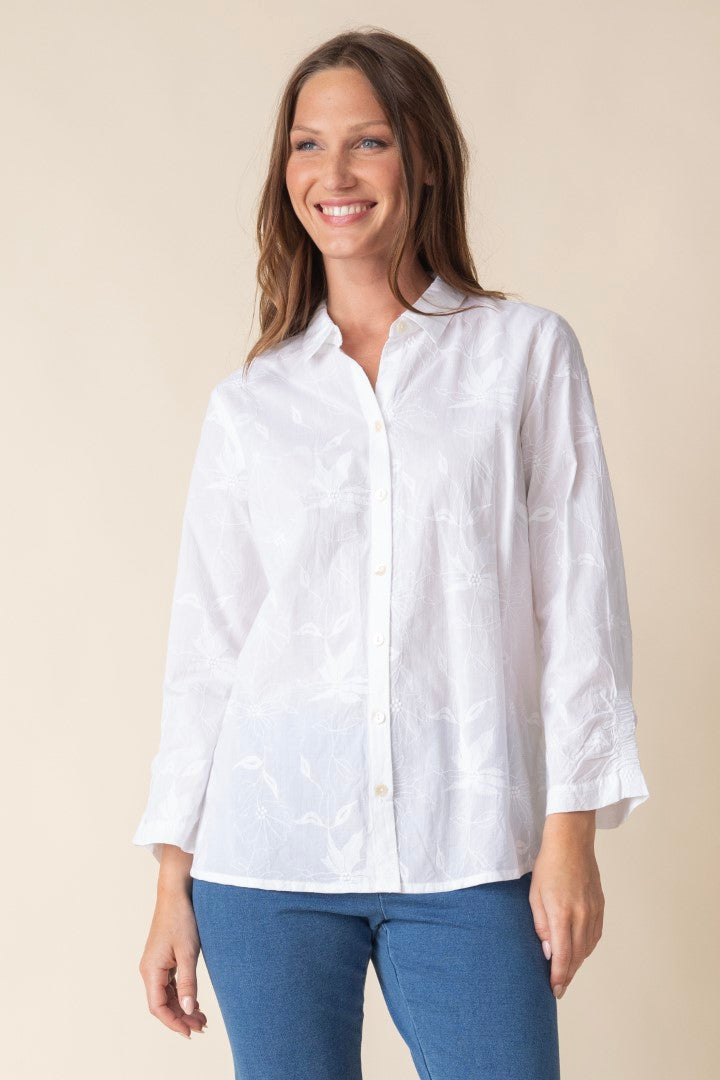 White Floral Embroidery Cotton Blouse