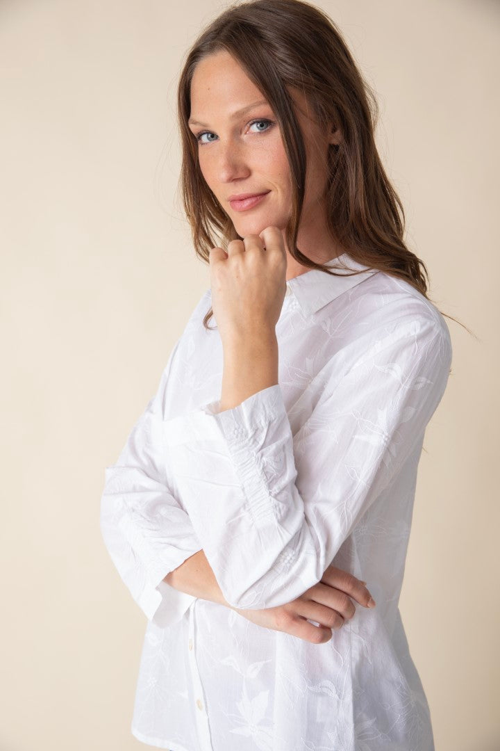 White Floral Embroidery Cotton Blouse