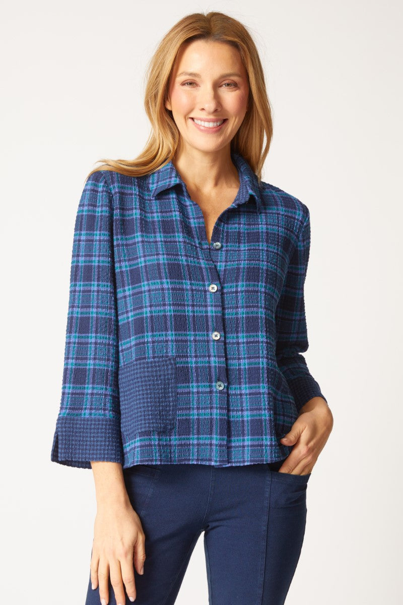 Navy Mixed Plaid Pocket Shirt