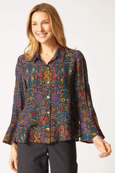 Dark Floral Print Flounce Shirt