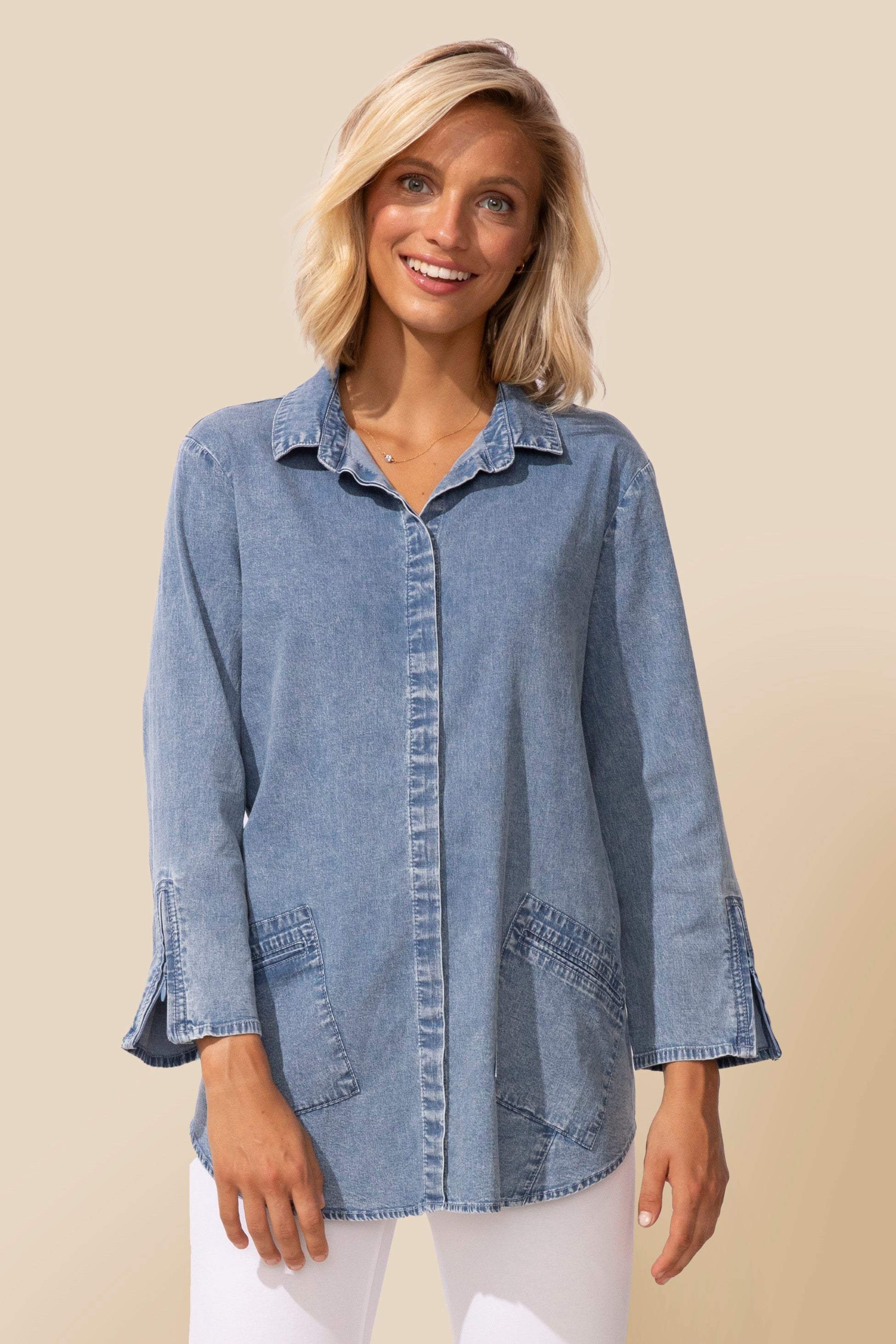 Light Denim Zip Sleeve Travel Shirt
