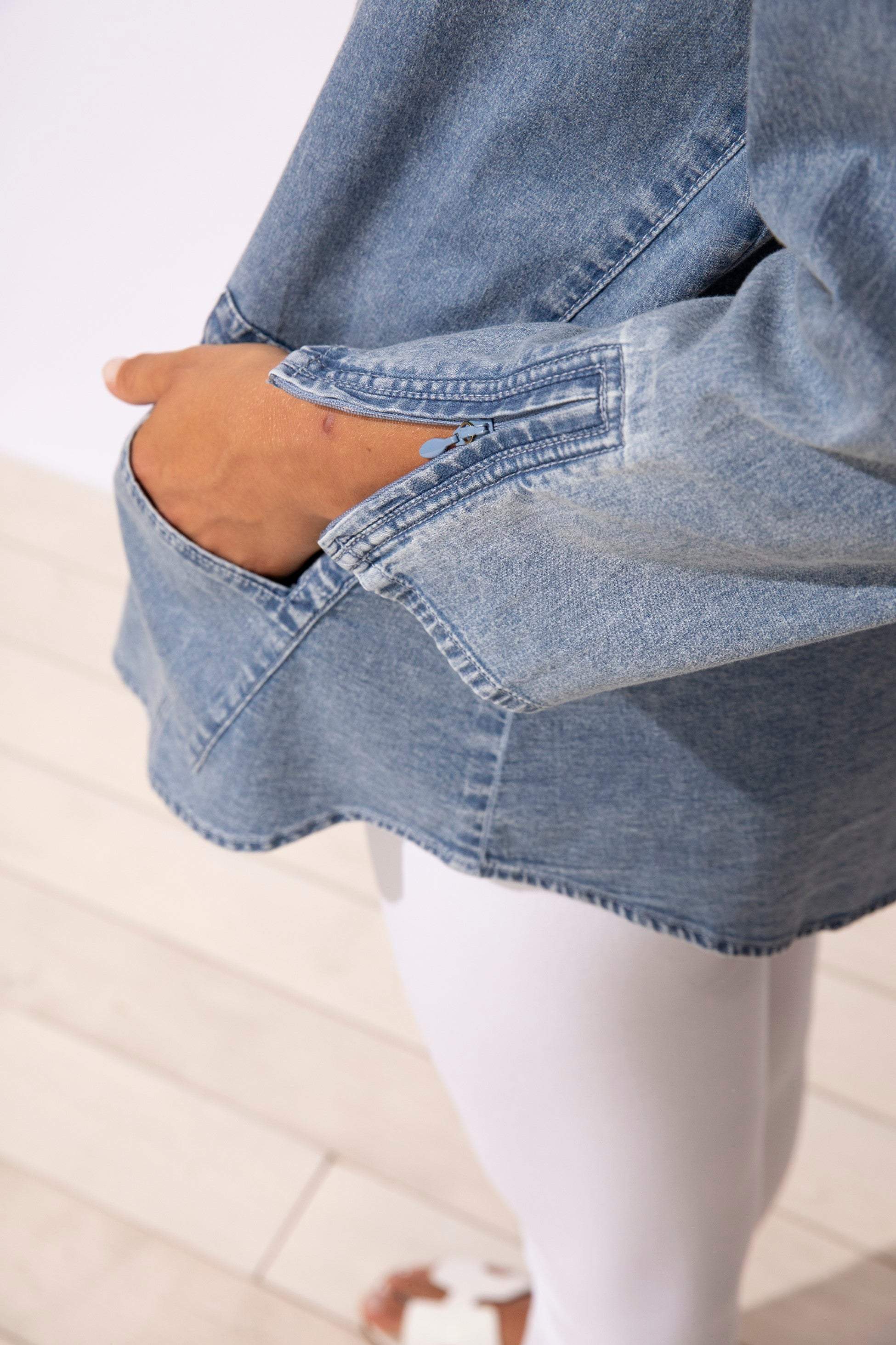 Light Denim Zip Sleeve Travel Shirt