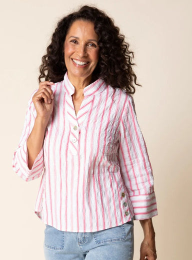 Coral Stripe Half Placket Pullover