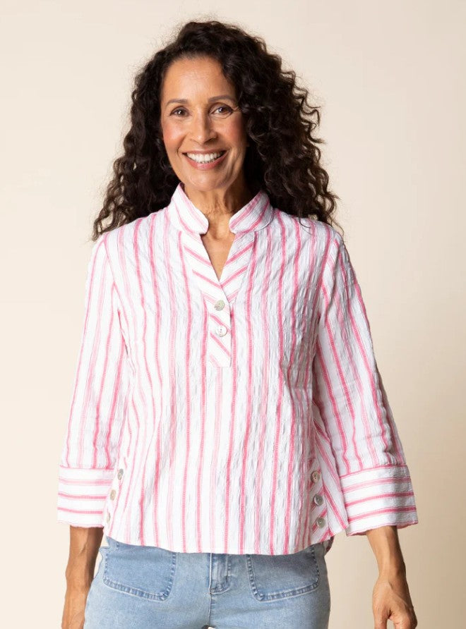 Coral Stripe Half Placket Pullover