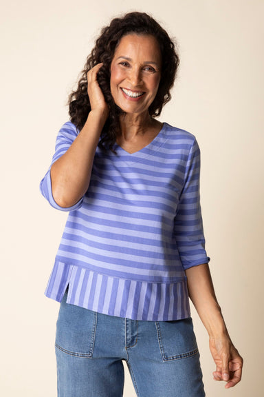 Iris Blue Shadow Stripe Elbow Sleeve Top