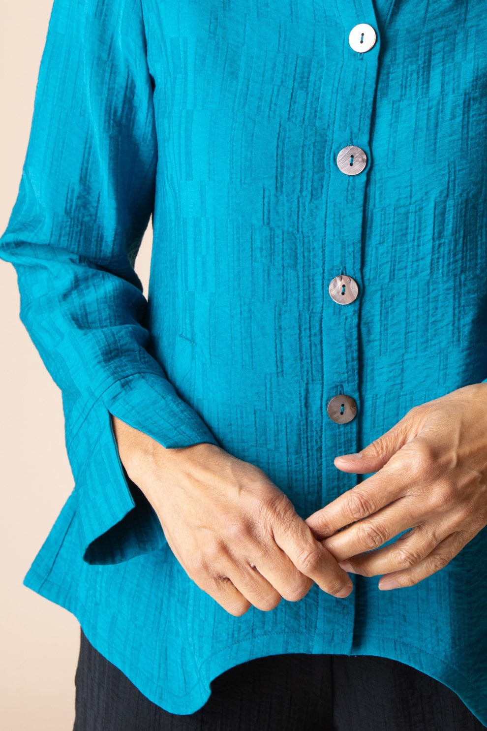 Habitat Ruched Collar Jacquard Blouse — Teal | Shell Buttons | Slightly Fitted