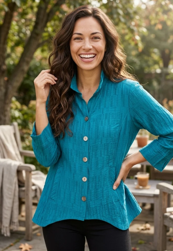 Habitat Ruched Collar Jacquard Blouse — Teal | Shell Buttons | Slightly Fitted