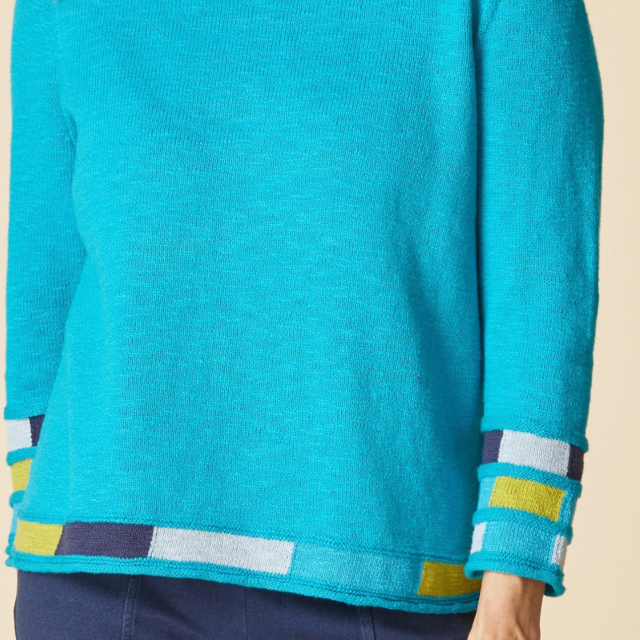 Habitat Pacific Teal Cotton Sweater — Striped Hem & Cuff | Relaxed Fit