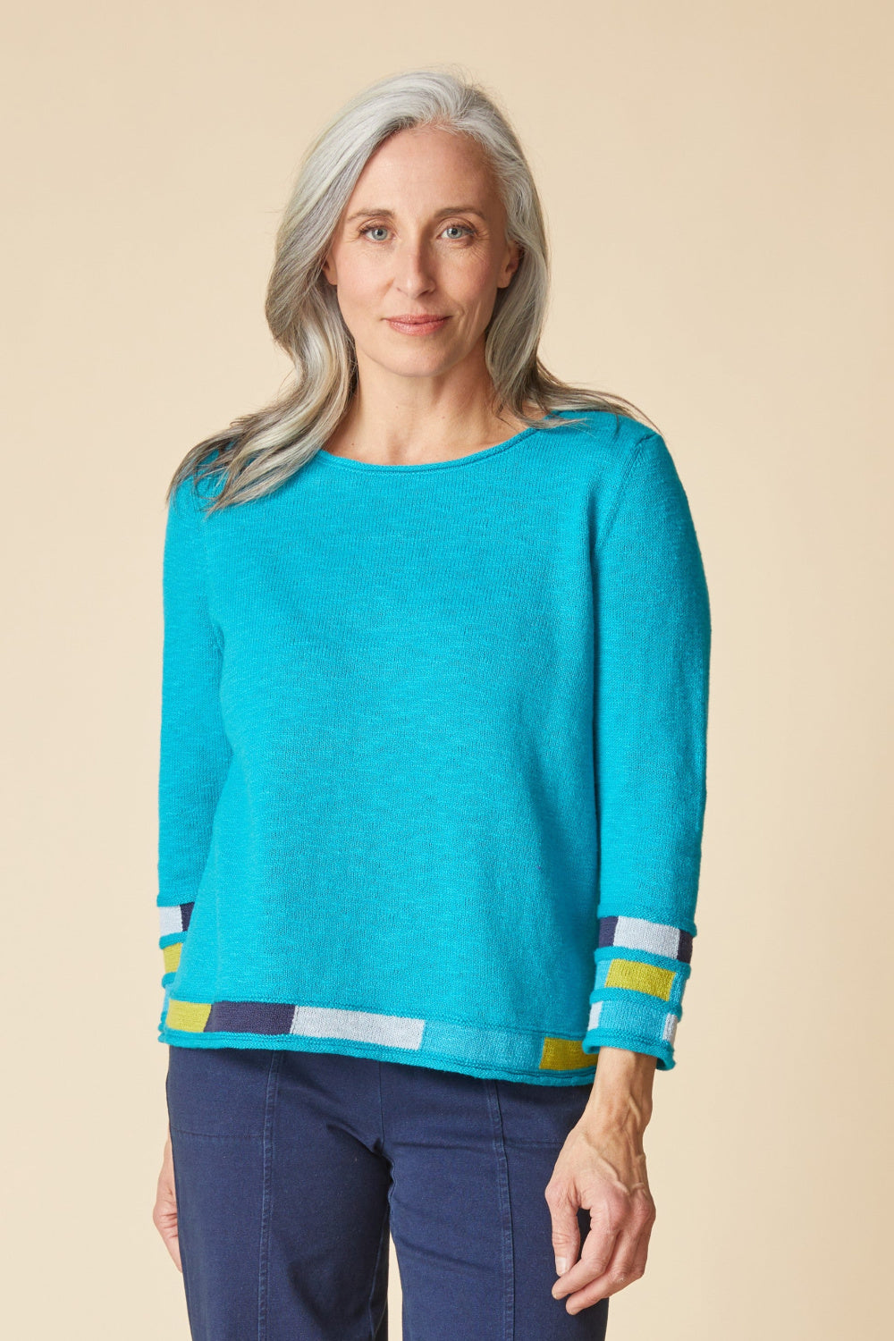 Habitat Pacific Teal Cotton Sweater — Striped Hem & Cuff | Relaxed Fit