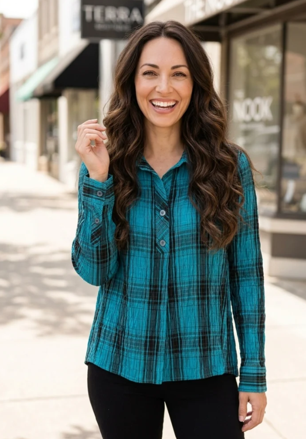 Habitat Crinkle Pucker Plaid Shirt — Teal | No-Iron Travel Top