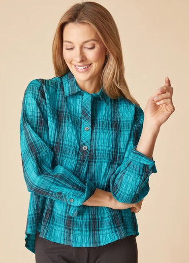 Habitat Crinkle Pucker Plaid Shirt — Teal | No-Iron Travel Top