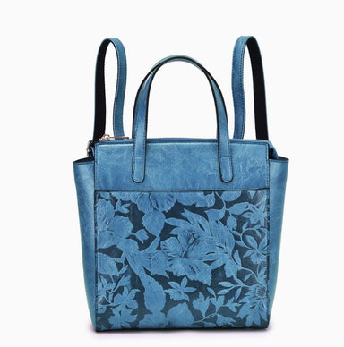 Blue 3D Floral Embossed Convertible Backpack