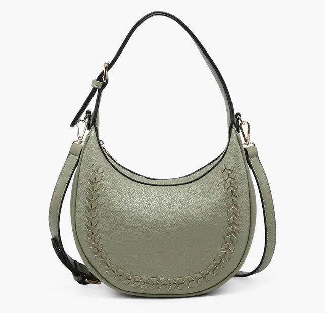 Sage Crescent Shoulder Bag | Chevron Whipstitch | Adjustable Crossbody Strap