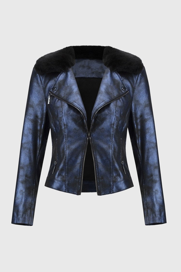 Foiled Suede Jacket with Faux-Fur Collar