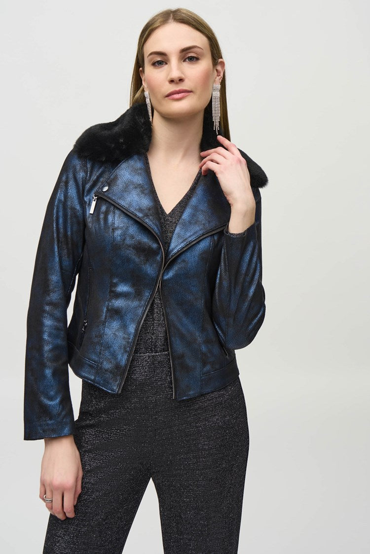 Foiled Suede Jacket with Faux-Fur Collar