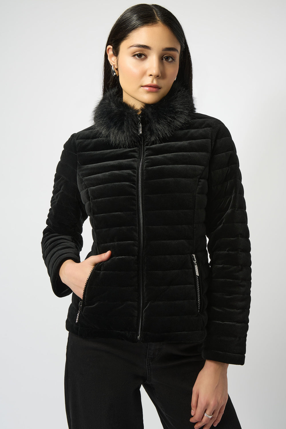 Black Stretch Velvet Puffer Jacket