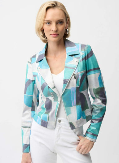 Faux Suede Turq Print Moto Jacket