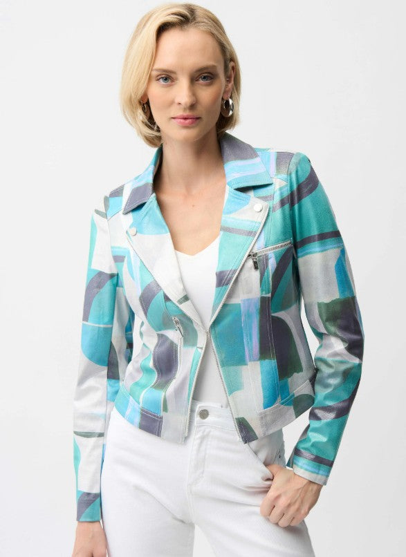 Faux Suede Turq Print Moto Jacket