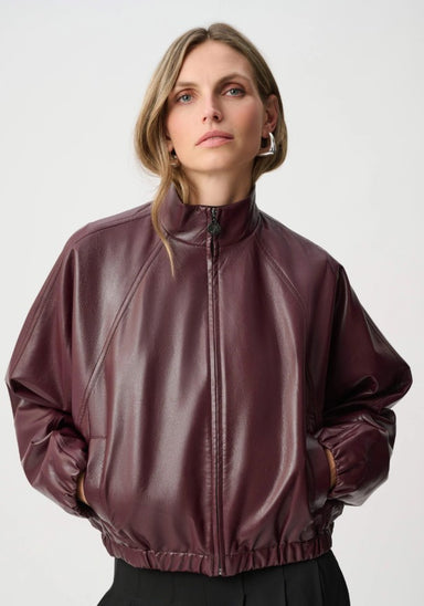 Joseph Ribkoff Leatherette Mock-Neck Bomber Jacket - Burgundy