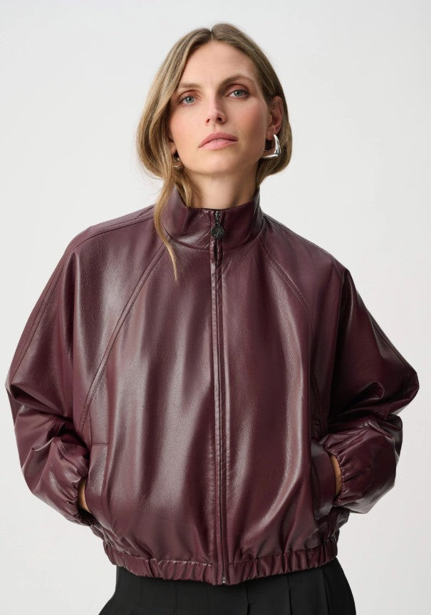 Joseph Ribkoff Leatherette Mock-Neck Bomber Jacket - Burgundy