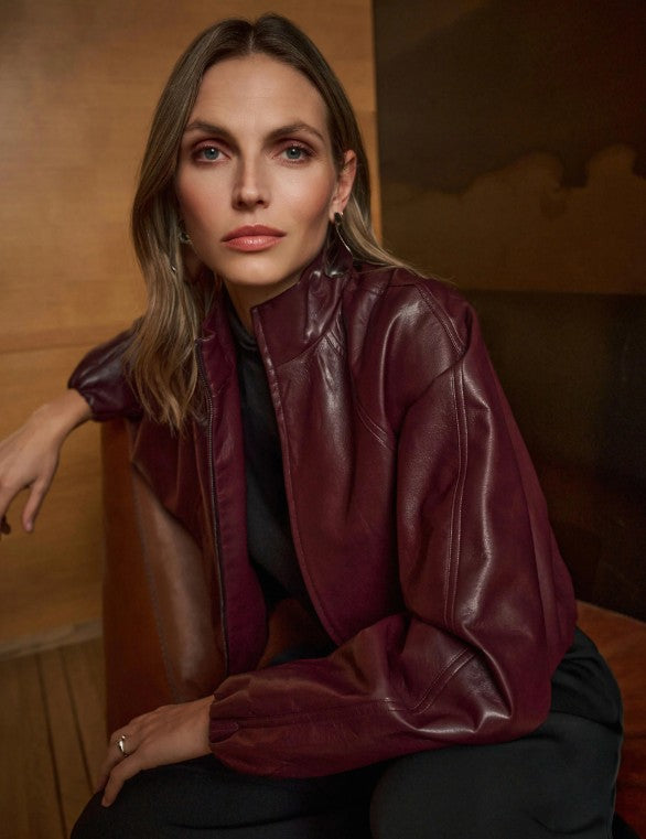 Joseph Ribkoff Leatherette Mock-Neck Bomber Jacket - Burgundy