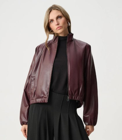Joseph Ribkoff Leatherette Mock-Neck Bomber Jacket - Burgundy