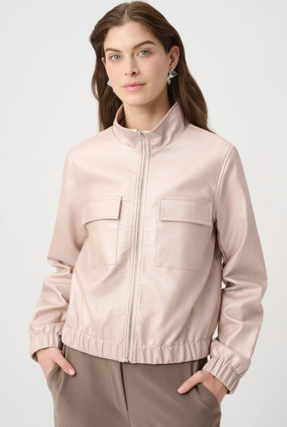 Joseph Ribkoff Metallic Leatherette Bomber Jacket — Pearl Blush