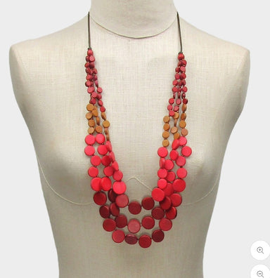 Handmade Red 3 Strand Wood Bead Necklace