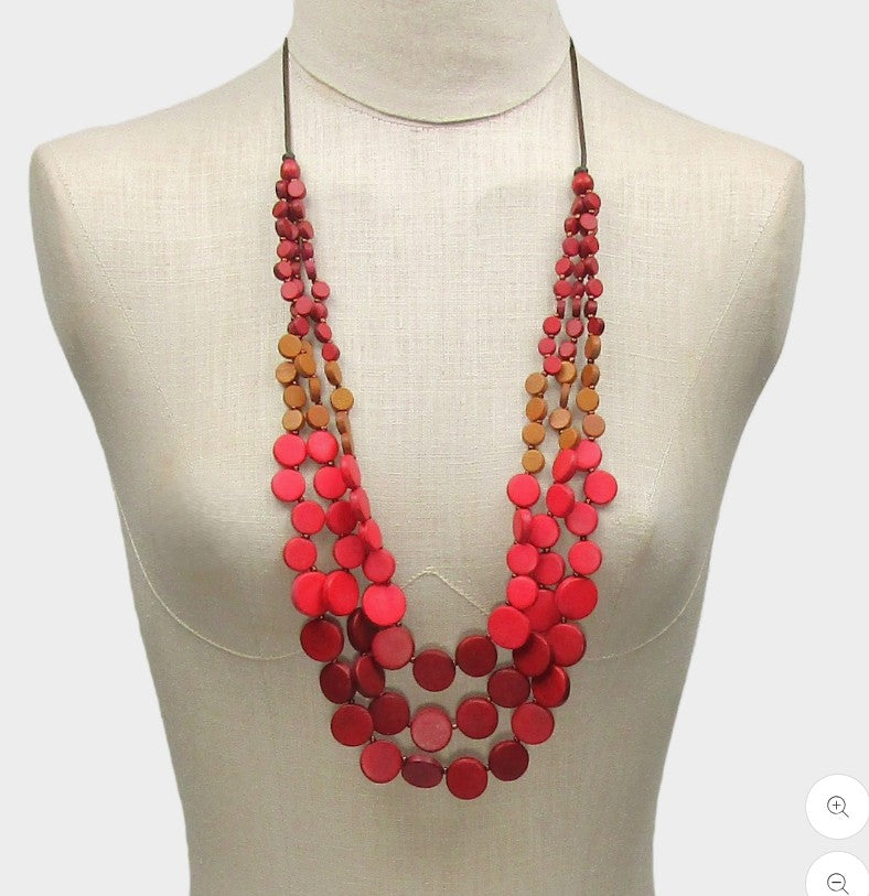 Handmade Red 3 Strand Wood Bead Necklace