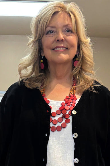 Handmade Red 3 Strand Wood Bead Necklace