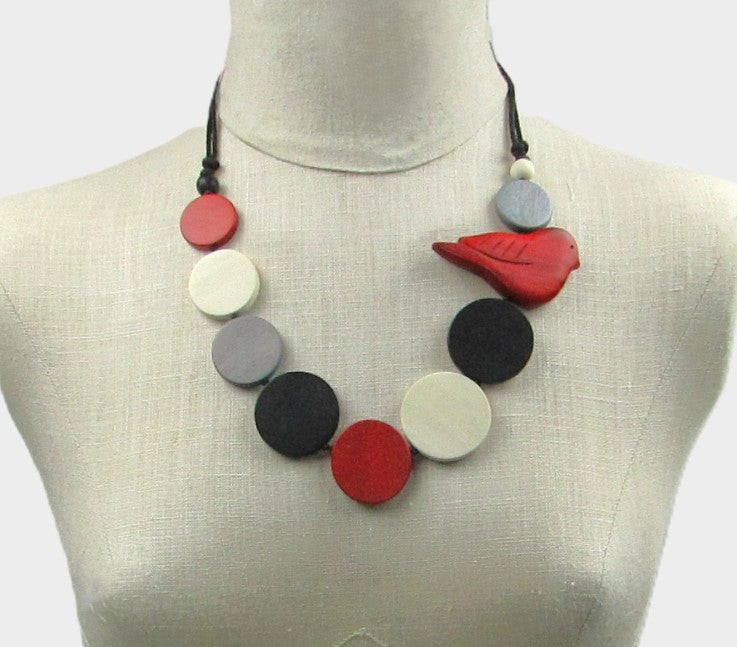 Handmade Red Bird Wood Adjustable Necklace