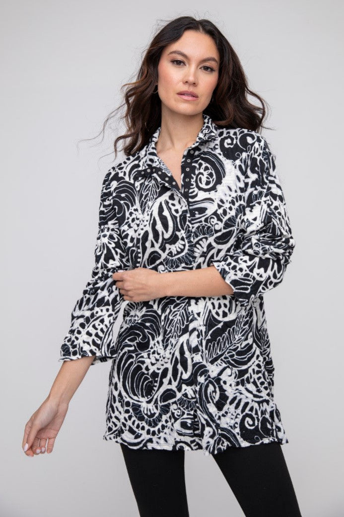 Black Crinkle Snap Front Tunic