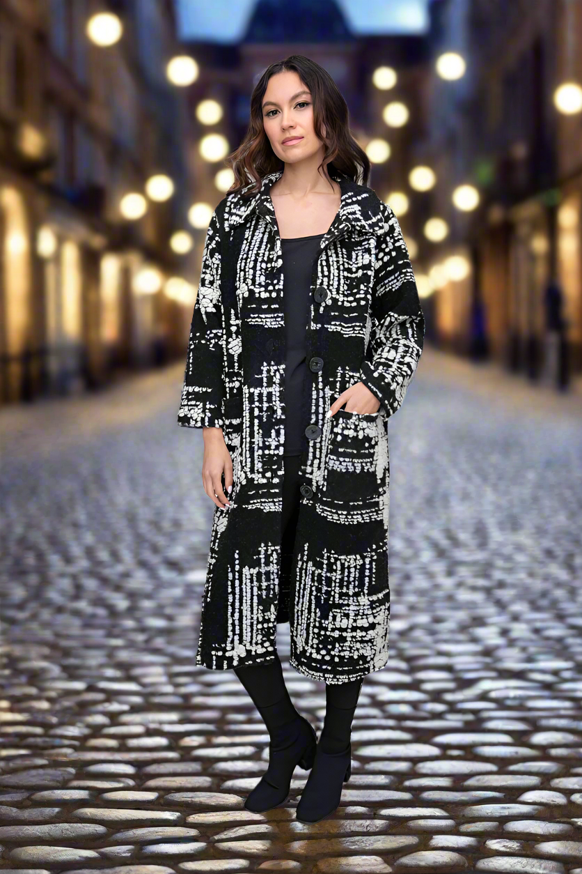 black textured grid long coat