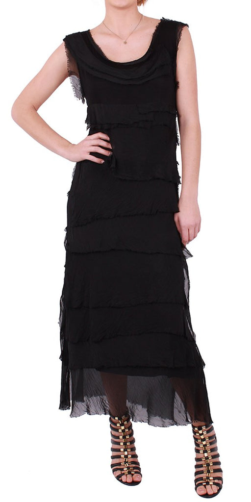 black silk ruffle dress Black Satin Dress - Tie-Back Maxi Dress - Ruffled Tiered Dress