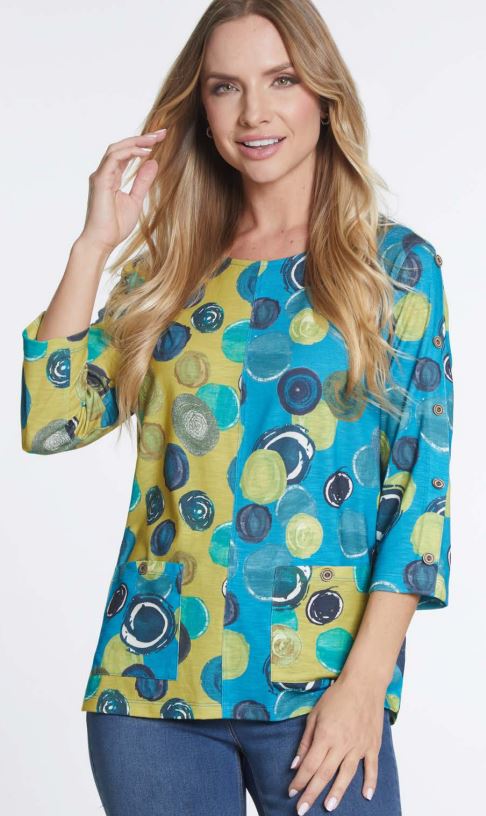 Teal & Citron Dot Print Knit Top