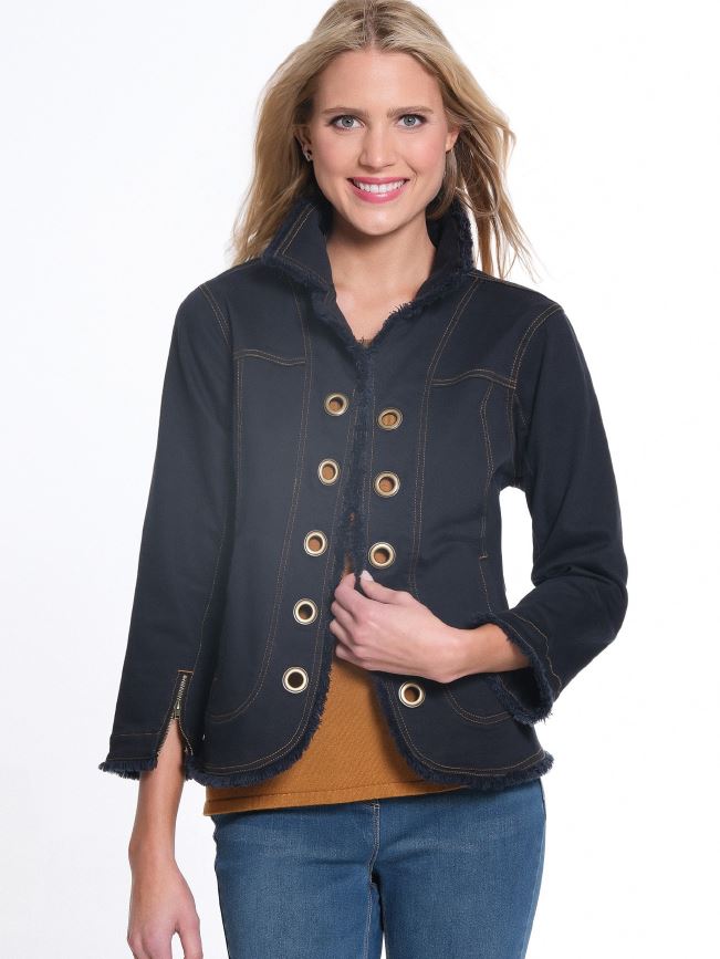 Black Denim Grommet Fringe Jacket