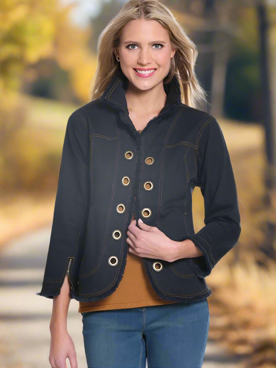 Black Denim Grommet Fringe Jacket