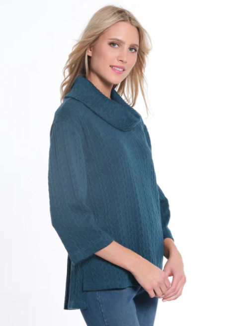 Teal Cowl Neck Cable Knit Sweater