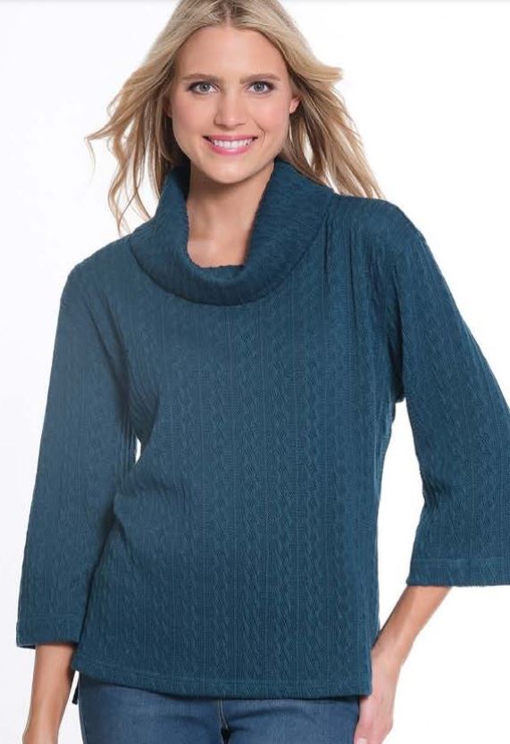 Teal Cowl Neck Cable Knit Sweater