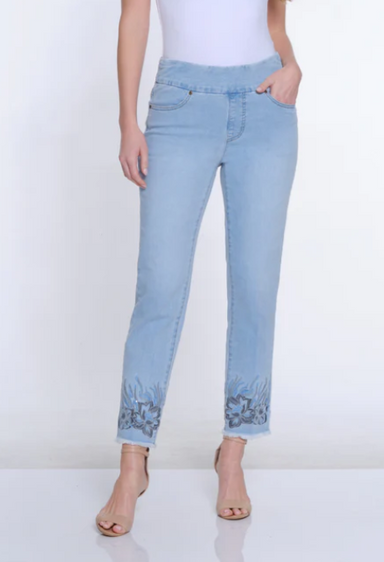 Light Wash Denim Jeans Embroidered Hem