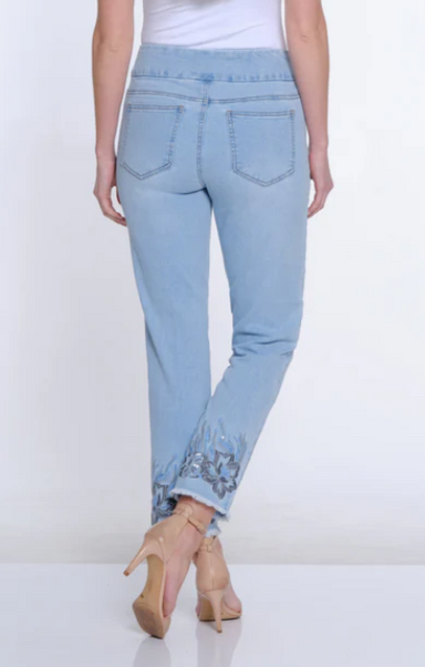 Light Wash Denim Jeans Embroidered Hem