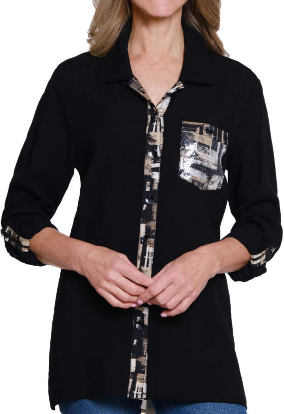 Black & Tan Print Detail Crinkle Shirt