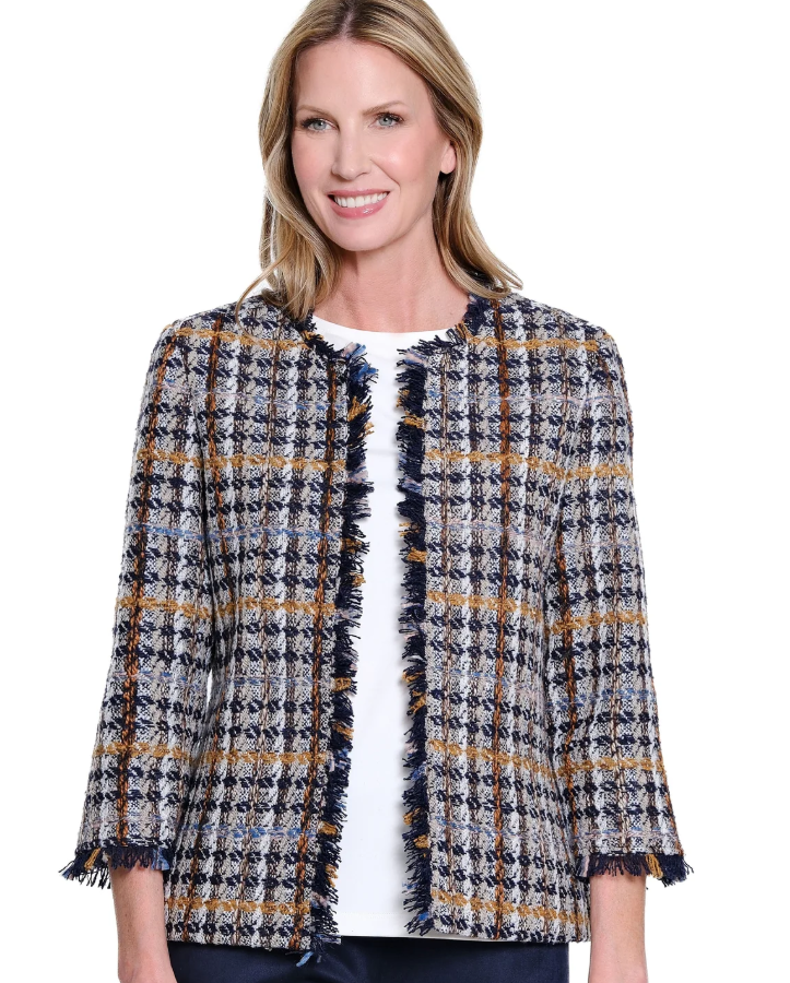 Fringe Trim Plaid Jacket