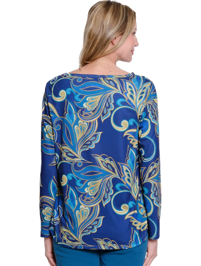 Petite Blue Paisley Print Knit Top